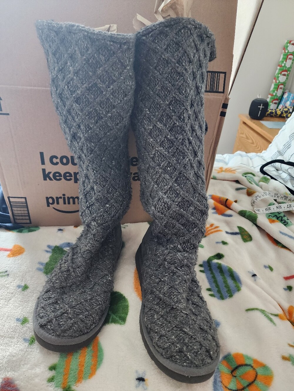UGG Tall Gray Sweater Back Logo Boot With 3 Side Buttons - Size 10